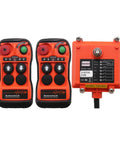 Heavy Duty Industrial Wireless Remote Control For Hoists And Cranes ACDC 12-24V showing two remotes and a receiver unit.