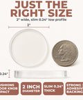 Clear Silicone Door Knob Wall Protectors 2 Inch Flat Profile Self Adhesive Bumpers displayed with a quarter for size reference.