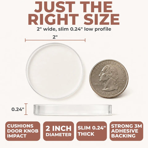 Clear Silicone Door Knob Wall Protectors 2 Inch Flat Profile Self Adhesive Bumpers displayed with a quarter for size reference.