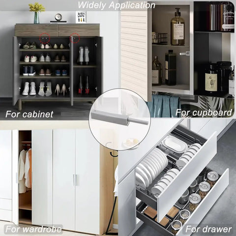 Two Pack Magnetic Push To Open Cabinet Latches With Heavy Duty Spring, Hands Free Door And Drawer Access, visible in various applications