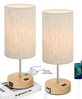Table Lamps Set Of 2 With Touch Control, wooden base, flaxen fabric shade, USB ports and AC outlet, bedside lighting scene