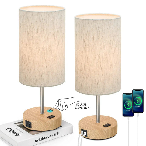 Table Lamps Set Of 2 With Touch Control, wooden base, flaxen fabric shade, USB ports and AC outlet, bedside lighting scene