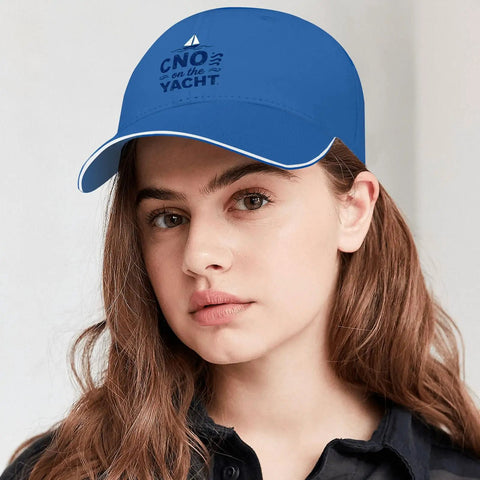 Person wearing Blue Yacht Style Unisex Adjustable Cap For Women And Men Comfortable Breathable All Day Wear For Outdoors And Water Activities