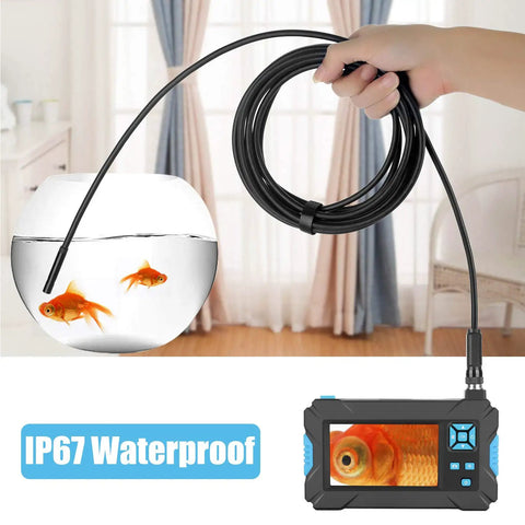 Top Notch Handheld Endoscope Offering Hella Sharp 1080P HD Viewing On A Solid 4.3 Inch Display And Badass Semirigid Snake Inspection Borescope With Five Meter Cable IP67 Waterproof Android IOS Ready Setup used to inspect a fish bowl.