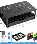 Desk Organizer And Monitor Stand With Drawer And Two Pen Holders Black Space Saving Desktop Riser For Office And Dorm Room Setup Built In Drawer Cable Management Sturdy Metal Construction With Non Slip Feet.