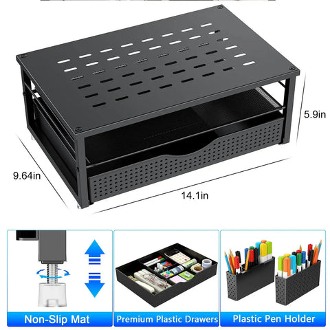 Desk Organizer And Monitor Stand With Drawer And Two Pen Holders Black Space Saving Desktop Riser For Office And Dorm Room Setup Built In Drawer Cable Management Sturdy Metal Construction With Non Slip Feet.