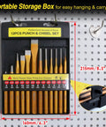 Front view of 12 Piece Punch And Chisel Set Beefy Heavy Duty Heat Treated Metal Punches with storage case on wall