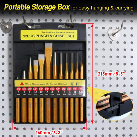 Front view of 12 Piece Punch And Chisel Set Beefy Heavy Duty Heat Treated Metal Punches with storage case on wall