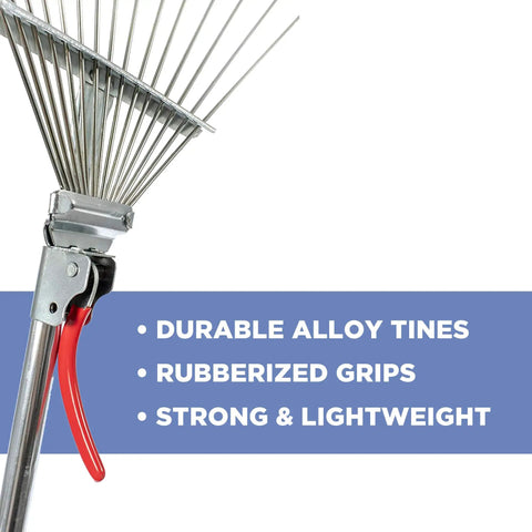 Close-up of telescopic folding garden rake with adjustable head and beefy heavy duty steel tines, showing red rubberized grips.