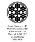 Heavy Duty Two Hundred Fifty Foot Spool Of One Eighth Inch Galvanized Aircraft Cable With Bright Orange Pvc Coating, 7x7 construction design.