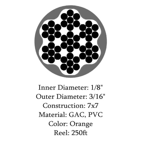 Heavy Duty Two Hundred Fifty Foot Spool Of One Eighth Inch Galvanized Aircraft Cable With Bright Orange Pvc Coating, 7x7 construction design.