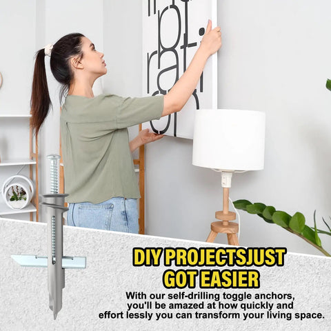 Woman using Heavy Duty Drywall Anchors And Zinc Screws Kit With Self Drilling Toggle Bolts 50 Pcs Size 8 X 2 1 8 Inch for wall hanging