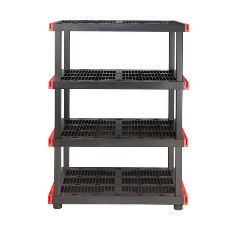 Heavy Duty Four Tier Plastic Storage Shelves For Garage Organization Built Tough With Ample Space Easy Setup Indoors Or Out Handles Twenty Gallon Bins No Sweat Total Knockout Straight Up Winner For Neat Spaces Any Day