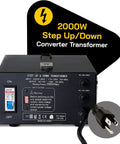 Back view of Beefy 2000 Watt Maximum Voltage Converter Transformer For 110V To 220V Devices showing power input and plug