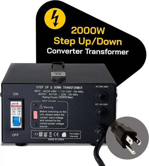 Back view of Beefy 2000 Watt Maximum Voltage Converter Transformer For 110V To 220V Devices showing power input and plug