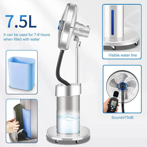 Monster 20 Inch Misting Fan With Massive Tank features 7.5L reservoir, adjustable height, and visible water line for cooling.