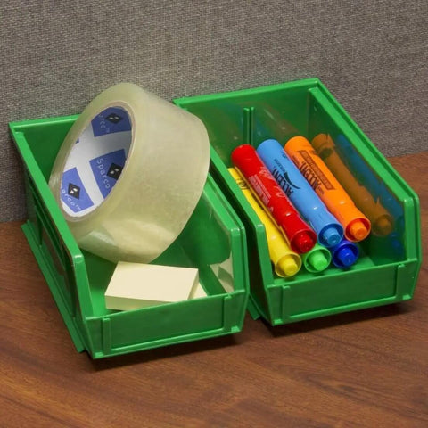 Green stackable plastic storage bins holding office supplies, similar size to Blue Stackable Plastic Storage Bins 7x4x3 Inch.