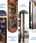 Heavy Duty Hidden Door Hinge 570 Lbs Steel Pivot 360 Degree Silent Rotation for Secret Doors Bookcase Murphy Shelf Doors Corrosion Resistant Stainless Steel Hardware shown in various installations, including bookshelf and swing doors.