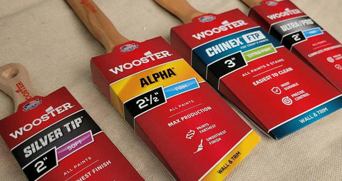 Wooster brush variety pack showing different sizes and types; side view of packaging on canvas backdrop