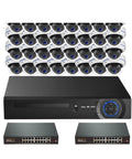 Professional Grade Top Shelf 32 Channel 4K Nvr Recorder with 32 outdoor cameras and network switches for security system setup.