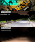 Comparison of 7-inch LED headlights with halo installed on Jeep Wrangler and halogen lights showing beam brightness at night