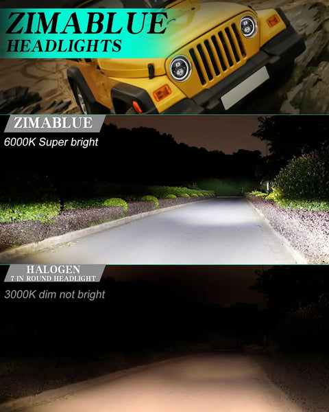 Comparison of 7-inch LED headlights with halo installed on Jeep Wrangler and halogen lights showing beam brightness at night