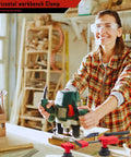 Two Pack Horizontal Bench Clamp Set for Woodworking used by woman in workshop, showcasing up to 170 pounds of holding power