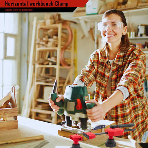 Two Pack Horizontal Bench Clamp Set for Woodworking used by woman in workshop, showcasing up to 170 pounds of holding power