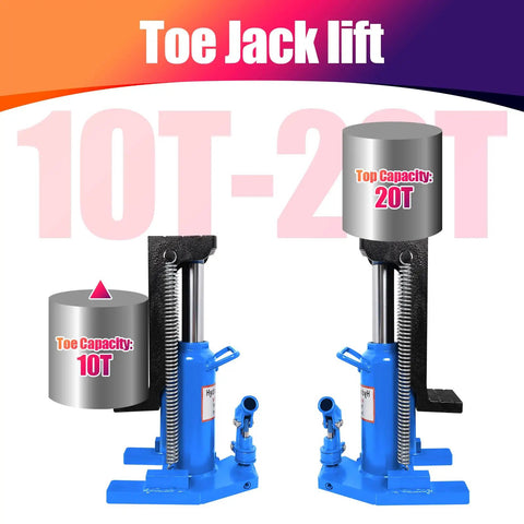 Bulletproof 20 Ton Hydraulic Toe Jack and Bottle Jack Kit Featuring Detachable Swivel Grip for Easy Low Clearance Lifts Slick Auto Shop Tool Skip the Hassle on Routine Maintenance Rigs Blue, showing toe jack with 10T and 20T lifting capacities.