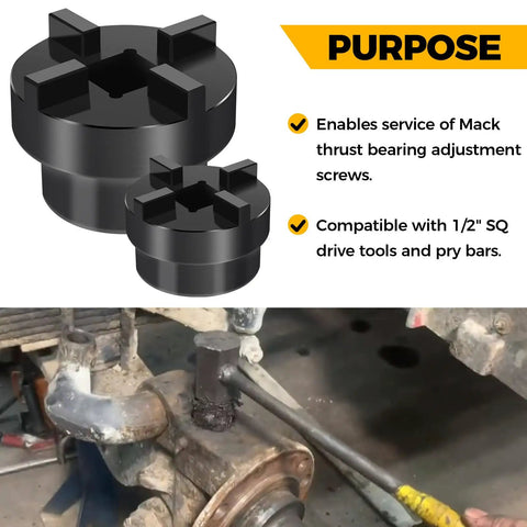 Pro Grade Kingpin Socket And Cap Removal Tool Kit For Mack Trucks Front Axles 16000 18000 20000 Lb Two And Three Eighths Inch Outer Diameter Three Quarter Inch Drive King Pin Adjusting Screw Socket Replacement For 11 3000 And ONI303T with illustration and usage in truck maintenance