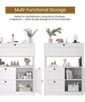 Space Saving Freestanding Bathroom Cabinet With One Door And Three Drawers Modern Floor Storage Organizer with decor and open shelves