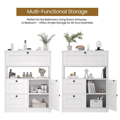 Space Saving Freestanding Bathroom Cabinet With One Door And Three Drawers Modern Floor Storage Organizer with decor and open shelves