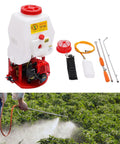 Pro Grade Backpack Sprayer Fogger For Pest Control, 26cc 2 Stroke Gas Powered Mister Duster displayed with attachments