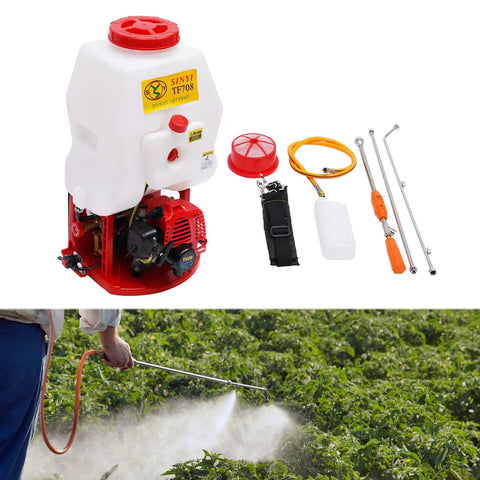 Pro Grade Backpack Sprayer Fogger For Pest Control, 26cc 2 Stroke Gas Powered Mister Duster displayed with attachments