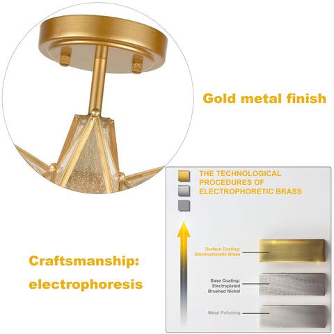 Close-up of gold finish and electrophoresis detail on Brushed Gold Moravian Star Ceiling Light With Seeded Glass Semi Flush Mount For Foyer.