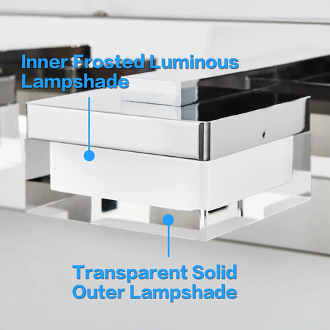 Close-up of Modern Dimmable LED Vanity Lights Over Mirror Gloss Chrome Six Light Bathroom Fixture with frosted and solid lampshades.