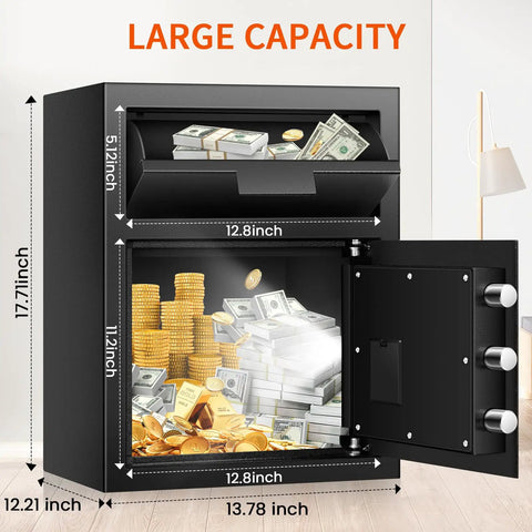 2.6 Cu Ft Depository Safe for Business with Quick Drop Slot and Digital LCD Display cash drop safe shown open with contents