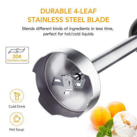 Durable 4-leaf stainless steel blade for the No Sweat 5 In 1 Handheld Blender Featuring 800W Copper Motor and 12 Speed Turbo Mode.