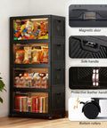 Image of Collapsible Storage Bins With Lids And Wheels 252 Qt 63 Gal Stackable Plastic Containers With Doors Heavy Duty Foldable Organizer Bins For Home And Office Black 4 Pack, displaying features like magnetic door, side handle, and bottom rollers.