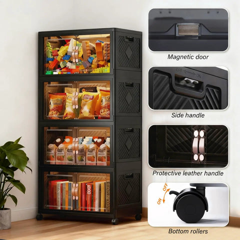 Image of Collapsible Storage Bins With Lids And Wheels 252 Qt 63 Gal Stackable Plastic Containers With Doors Heavy Duty Foldable Organizer Bins For Home And Office Black 4 Pack, displaying features like magnetic door, side handle, and bottom rollers.