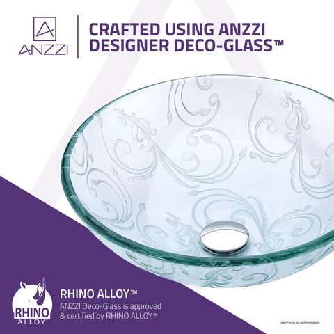 Vieno Series Vessel Sink with Pop Up Drain in Crystal Clear Floral Finish, Deco Glass material with swirling patterns.