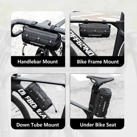 Waterproof Bike Handlebar Bag For Road And Mountain Bikes Front Storage With Shoulder Strap Easy To Clean Artificial Leather Bag For Bikepacking Daily Commute And All Weather Rides showcased in multiple mounting positions on a bicycle, including handlebar, frame, down tube, and under seat.