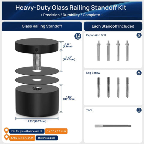 Marine Grade 316 Stainless Steel Glass Railing Standoff Set, 12 Pack Tough As Nails Heavy Duty Brackets Each Weighing 1.32 Lb For Balcony, Deck, And Stair Balustrade, Matte Black Finish, Solid Glass Support