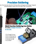 Precision soldering tool with iron holder, tip change groove, tip cleaner, and integrated functions for SMD work on circuit board.