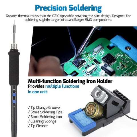 Precision soldering tool with iron holder, tip change groove, tip cleaner, and integrated functions for SMD work on circuit board.
