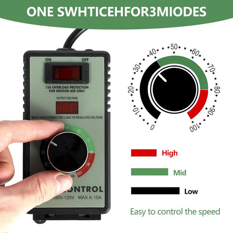 Sweet Spot Variable Speed Controller For AC Motors Featuring 110V Plug And Play Hookup 15 Amp Heavy Duty Build handles speed adjustment with LED display.