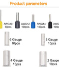 Image of 390 Pieces Wire Ferrule Kit For AWG 2 To 16 Copper Crimp Terminals With Insulated Sleeves showing size variations.