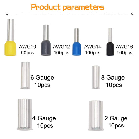 Image of 390 Pieces Wire Ferrule Kit For AWG 2 To 16 Copper Crimp Terminals With Insulated Sleeves showing size variations.