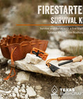 Bushcraft Fire Starter Survival Kit with ferro rod, striker, leather tinder bag, paracord bracelet on outdoor stone surface