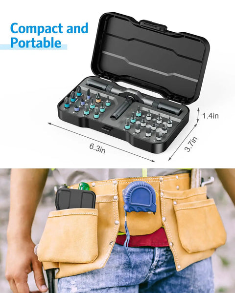 24 In 1 Magnetic Screwdriver Set With Mini Ratchet Handle And Detachable Ratchet Includes 24 S2 Magnetic Bits in a tool pouch